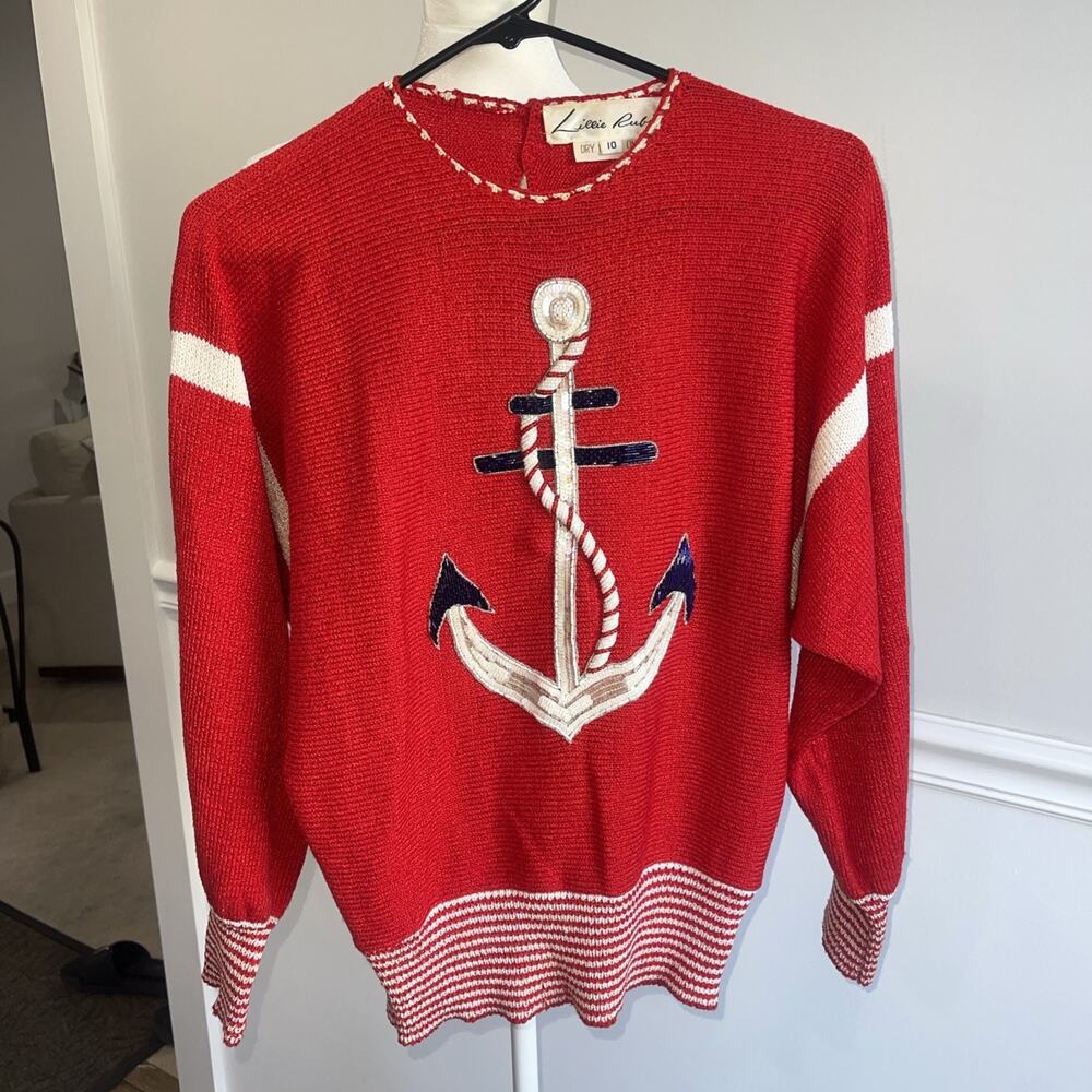 Lillie Rubin Red Sailor Sweater Yacht Nautical VTG Sequin USA Stretch SZ L FLAW